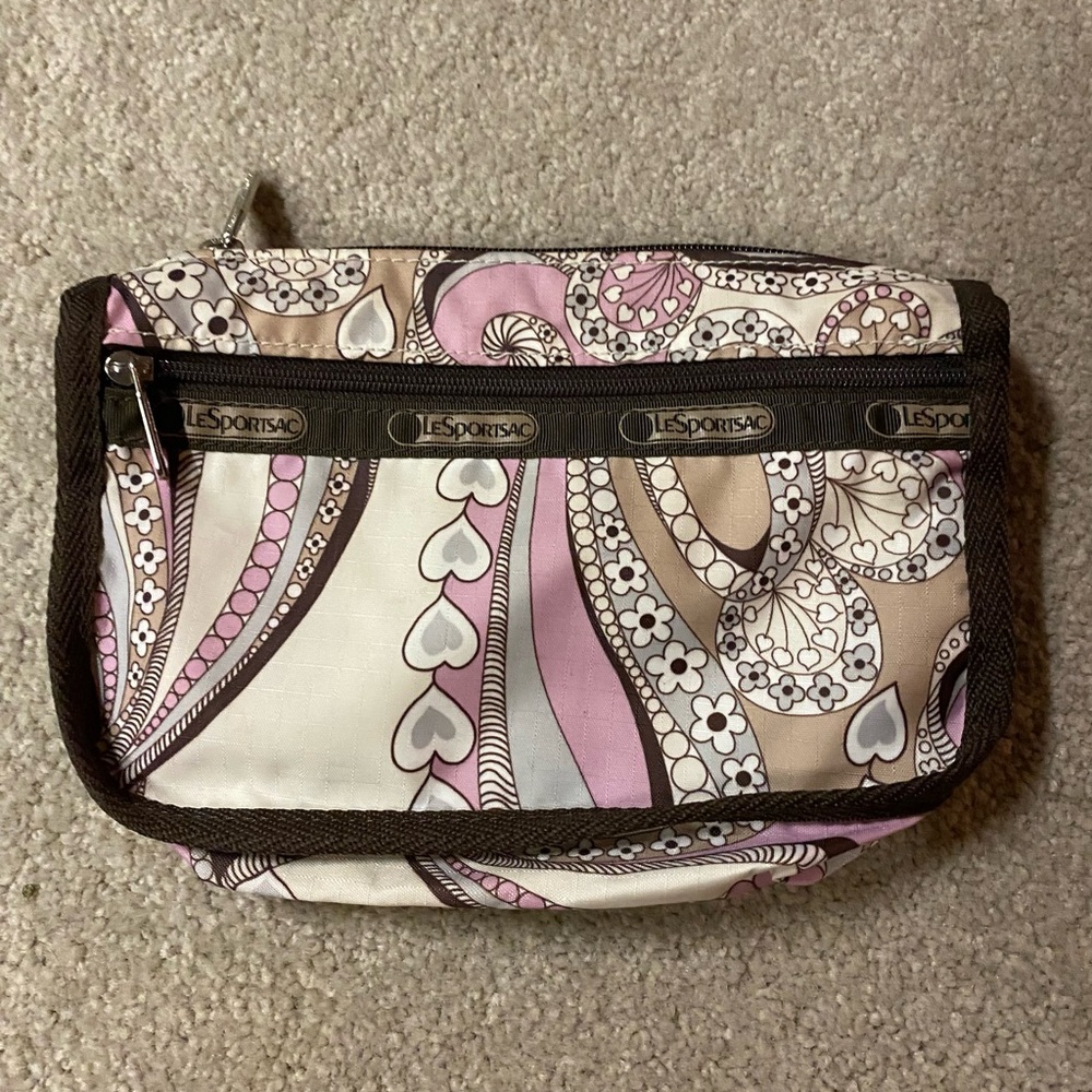 LeSportsac Pink and Brown Cosmetic Bag with Paisley Print